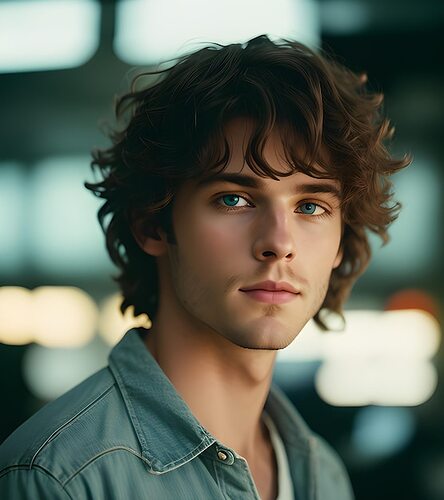 A portrait of a young man with curly hair and a blue eyes.