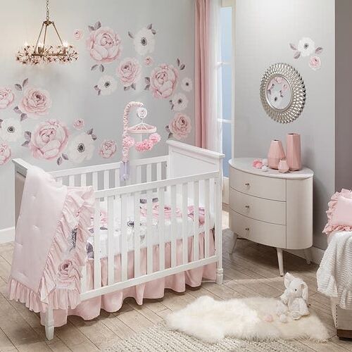 Lambs & [name_f]Ivy[/name_f] Floral Garden Watercolor_Pink Linen 5-Piece [name_u]Baby[/name_u] Crib Bedding [name_m]Set[/name_m]