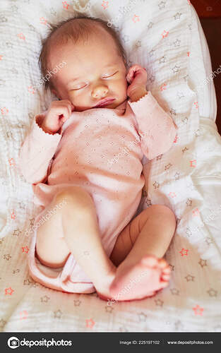 Adorable Newborn Baby Girl Sleeping Bed Home Stock Photo by ©encrier  225197102
